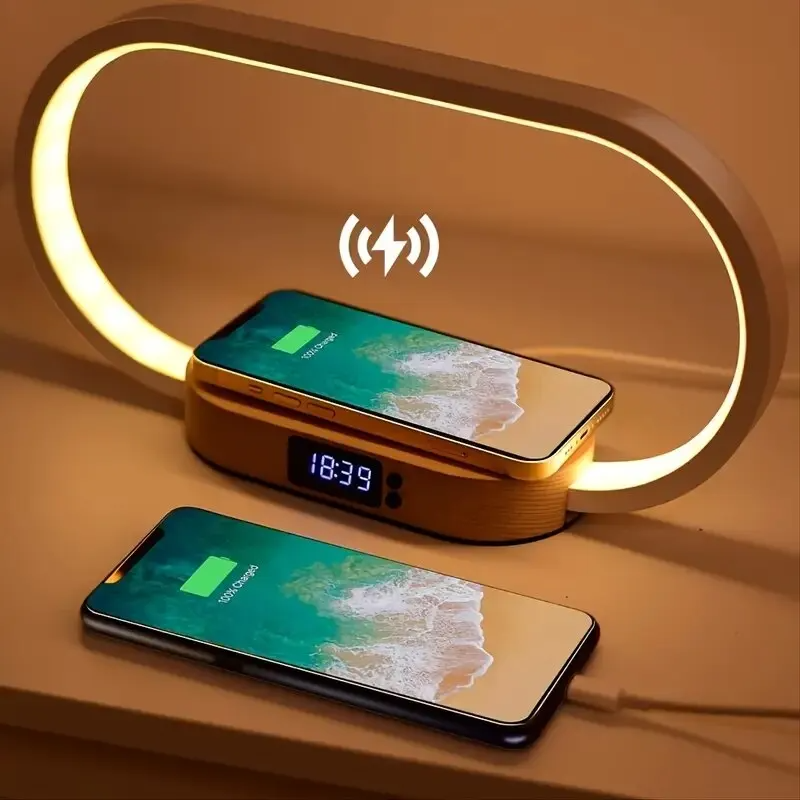 Multifunctional Wireless Charger Stand, LED Desk Lamp, Alarm Clock