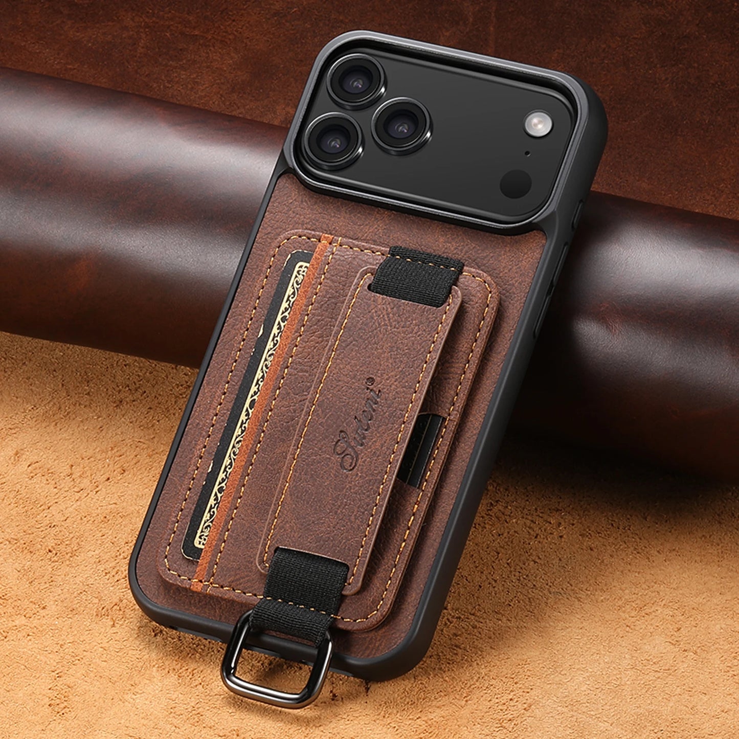 Luxury Leather iPhone Phone Case with Wrist Strap, Ring, Card Holder and Pouch - Sky-cover