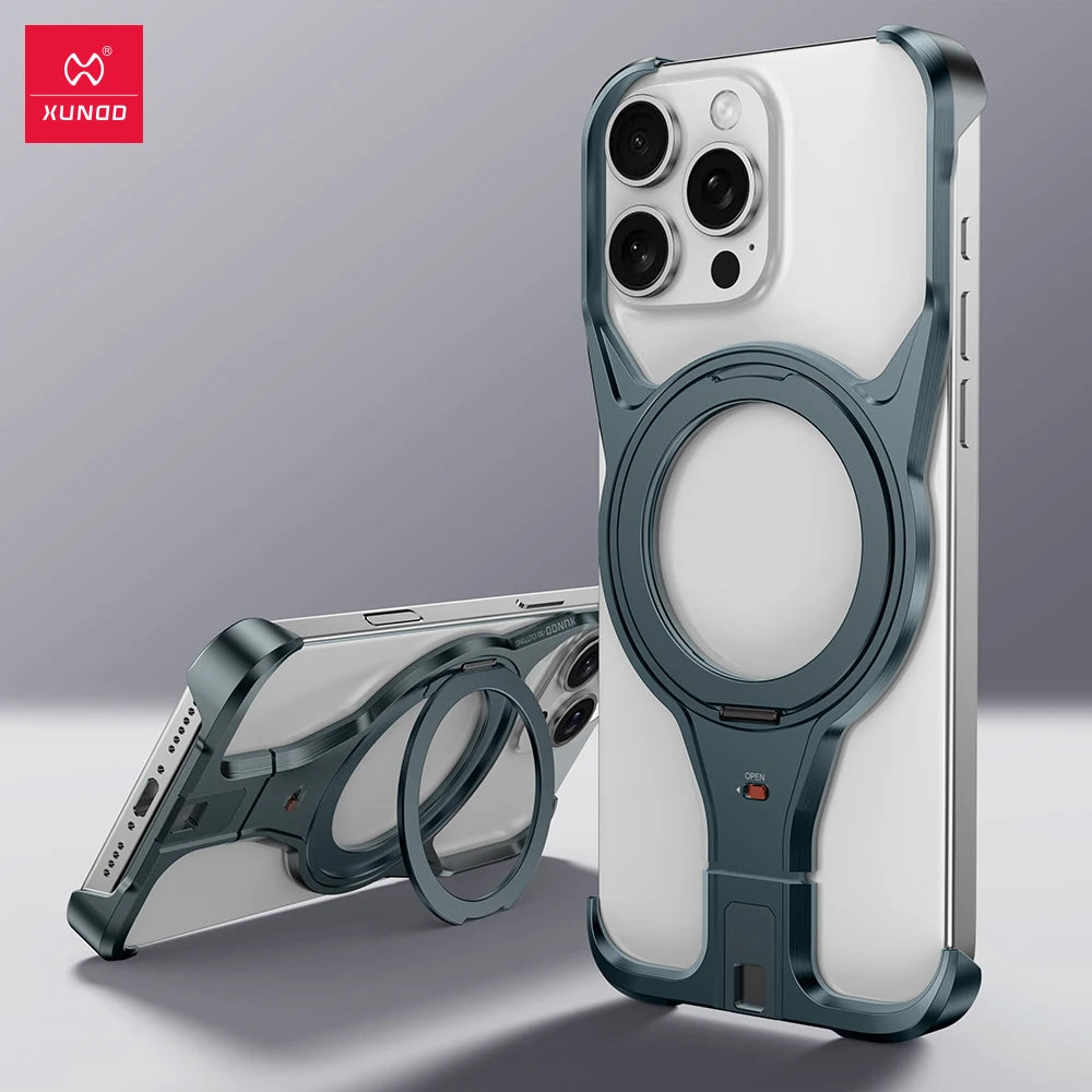 Xundd For iPhone 16 Pro 16 15 Pro Max Aluminum Alloy Protective Frame with 360° Rotatable Magnetic Stand For Wireless Charging - Sky-cover