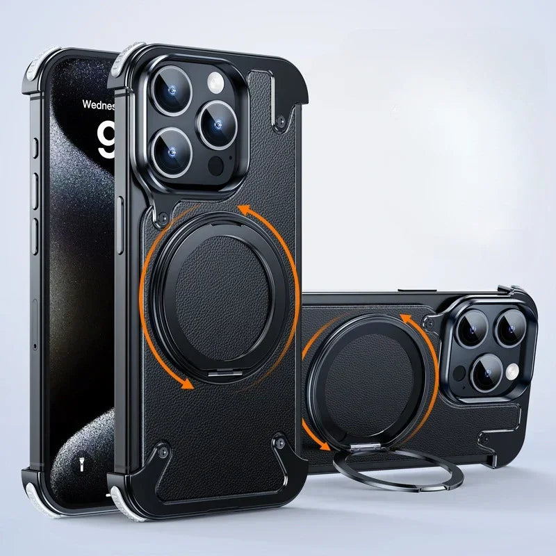 Leather Case 360° rotate Aluminum Magnetic Magsafe Cover - Black / For iPhone 15 pro max - Sky-cover