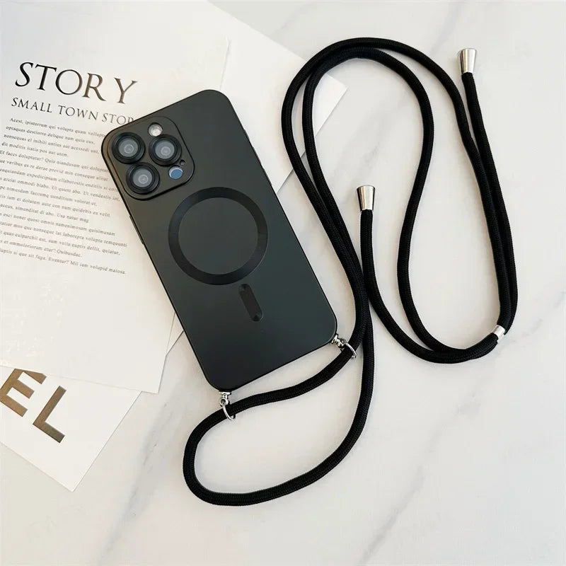 MagSafe Magnetic Silicone Case with Strap and Lens Cover for All iPhone - Sky-cover