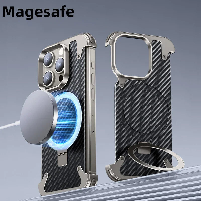 MagSafe Metal Magnetic Phone Holder Case for iPhone 15 14 Pro Max Aluminum Alloy Carbon Fiber Anti-collision - Sky-cover