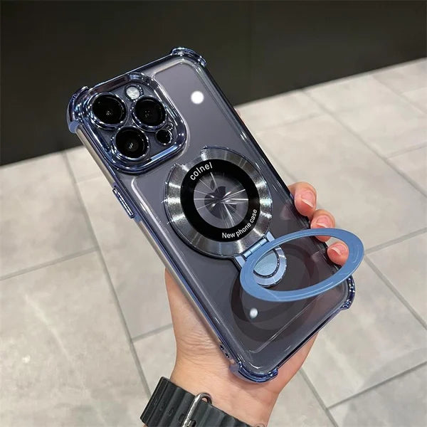 Transparent Cover with 360° Rotatable Ring Holder Magnetic magsafe Kickstand, Slim Soft - Silver / For iPhone 15 Pro Max - Sky-cover