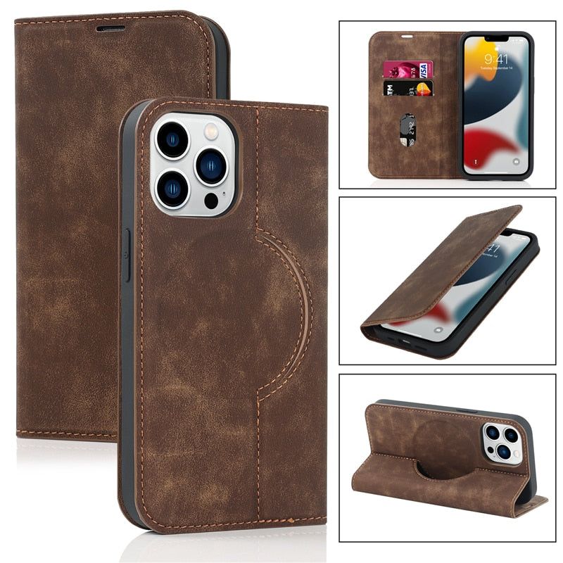 Magnetic Leather Card Holder Wallet RFID Protected and MagSafe Compatible - Brown / For iPhone 15 Pro Max - Sky-cover