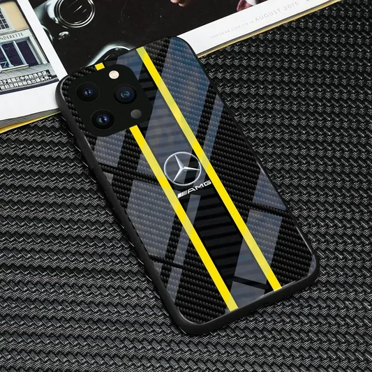Mercedes Benz case for iPhone 15 14 13 12 11 Pro Max with double yellow line with back glass - sky cover