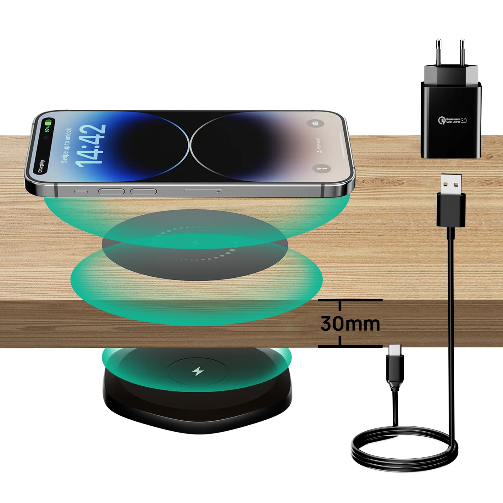 QI Charger 30mm Invisible Under Table Wireless Charger, Desk and Furniture Wireless Charging Station for cell phone - Black / QI Charger 30mm - sky-cover