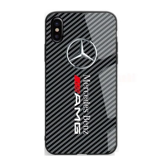 Mercedes Benz Red Black Carbon Fiber Phone Case For iPhone 15 14 13 12 11 Pro Back Glass - AMG 01 / iPhone 15 Pro Max - sky-cover