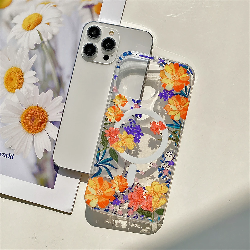 luxury Floral Case transparent Magnetic MagSafe For iPhone series - sky cover