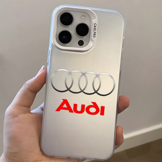 Luxury Audi Sports Car Glass Back Cover Case Silver Blue For iPhone 15 14 13 12 11 Pro Max - Silver / For iPhone 15 Pro Max - Sky-cover