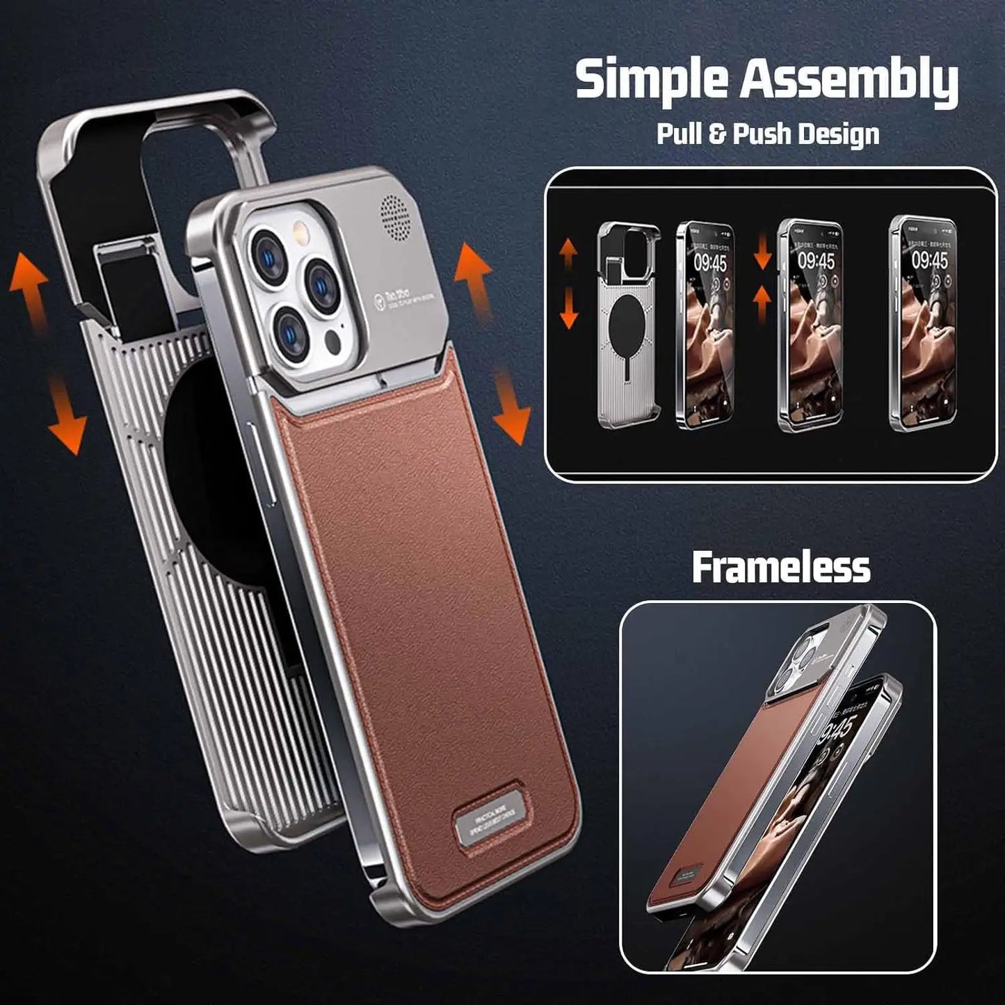 Luxury Metal Leather Phone Case For iPhone 15 14 13 Pro Max Aluminum Magnetic Phone Cover - Sky-cover