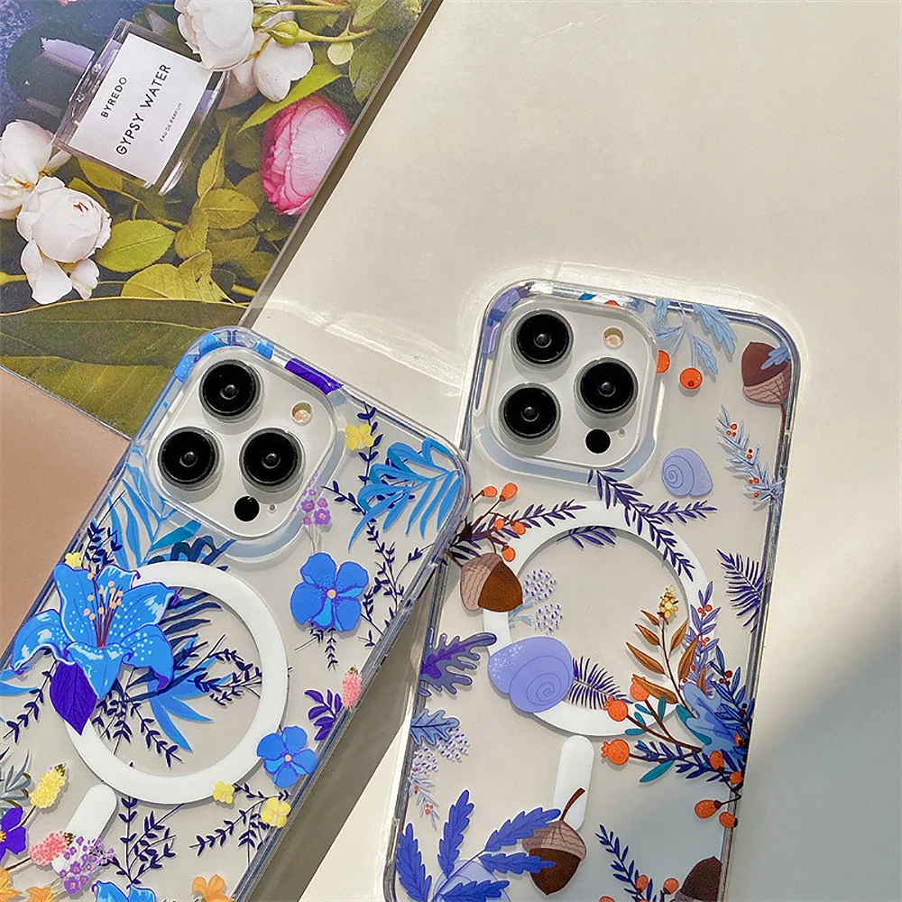 luxury Floral Case transparent Magnetic MagSafe For iPhone series - sky cover