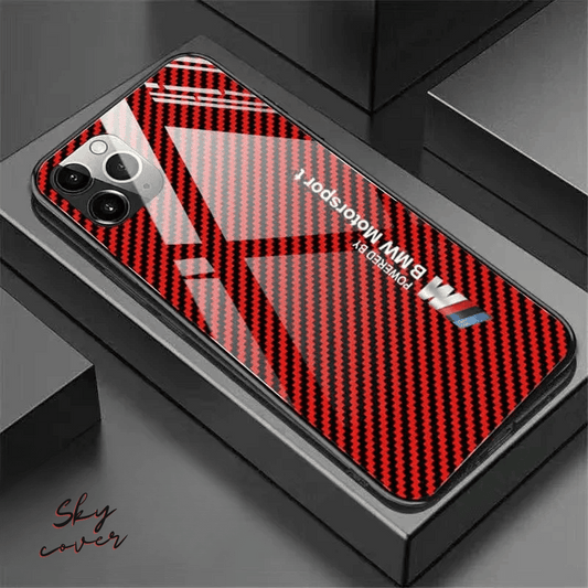 BMW Phone Case for iPhone 15 14 13 12 11 Pro Max Carbon Fiber Glass Hard Cover - Red - sky cover