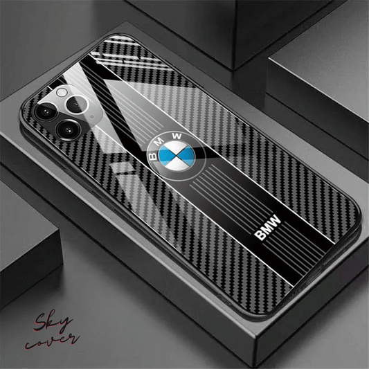 BMW Phone Case  for iPhone 15 14 13 12 11 Pro Max Carbon Fiber Glass Hard Cover - Black - sky cover