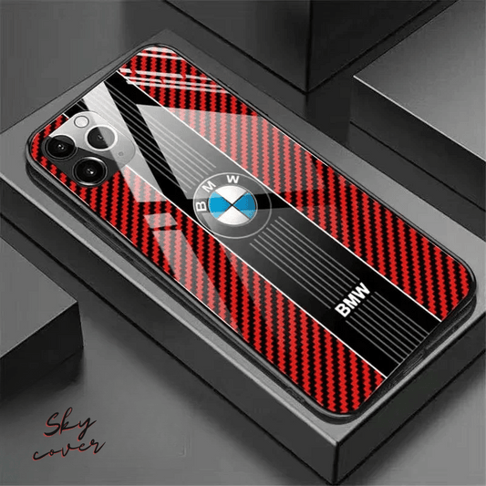 BMW Sport Luxury Red Phone Case for iPhone 15 14 13 12 11 Pro Max Hard Cover Carbon Fiber Glass - SKY COVER