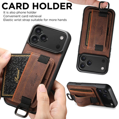 Luxury Leather iPhone Phone Case with Wrist Strap, Ring, Card Holder and Pouch - Sky-cover