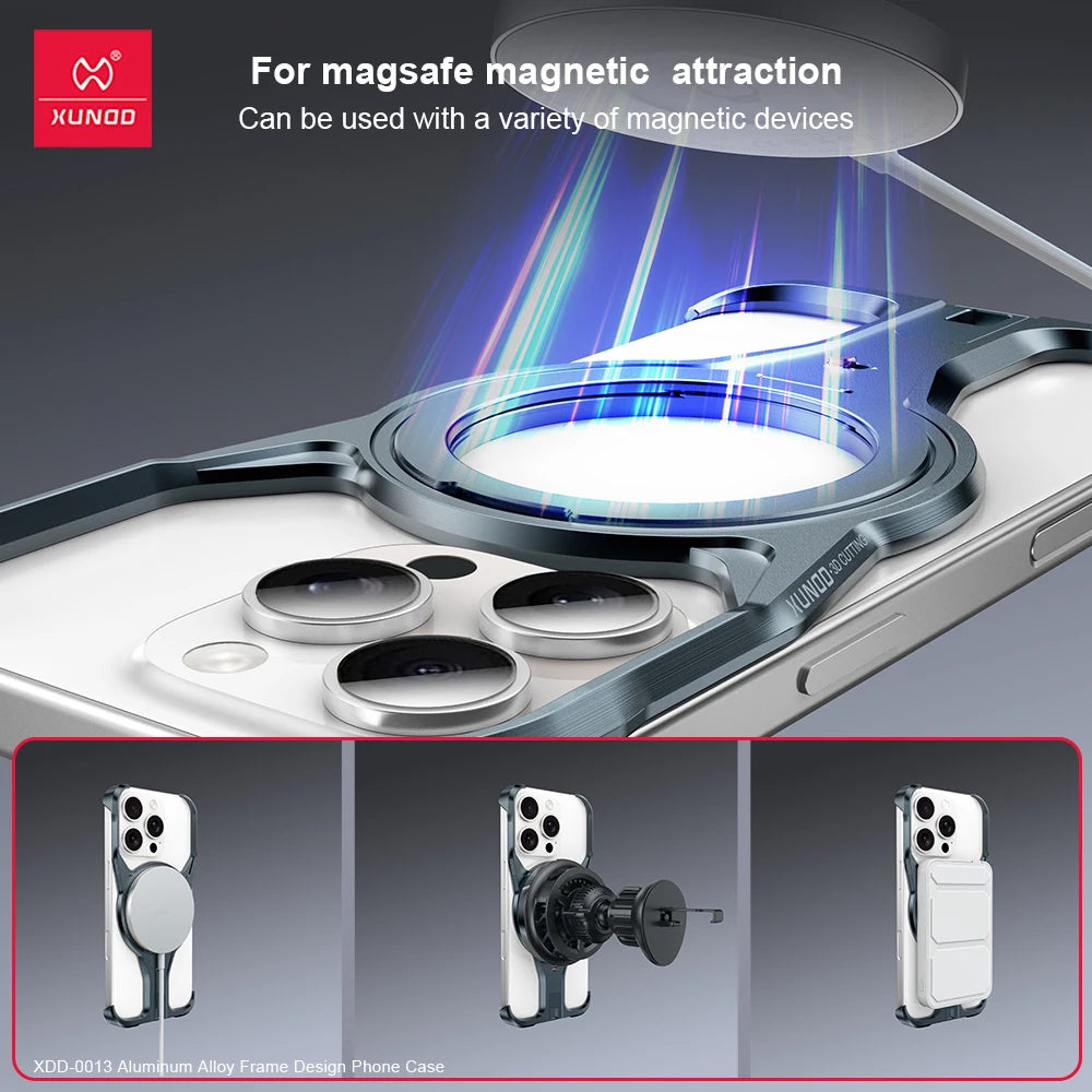 Xundd For iPhone 16 Pro 16 15 Pro Max Aluminum Alloy Protective Frame with 360° Rotatable Magnetic Stand For Wireless Charging - Sky-cover