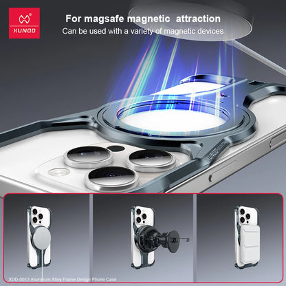 Xundd For iPhone 16 Pro 16 15 Pro Max Aluminum Alloy Protective Frame with 360° Rotatable Magnetic Stand For Wireless Charging - Sky-cover