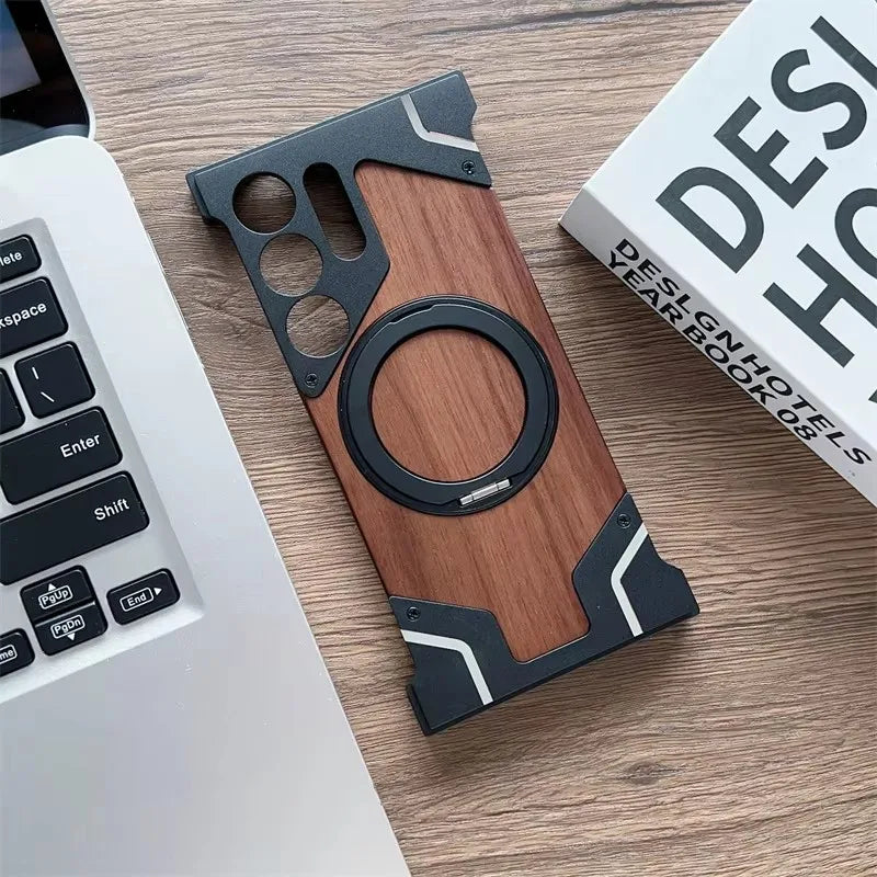 luxury Walnut metal case with 360-degree rotating magnetic stand - Sky-cover