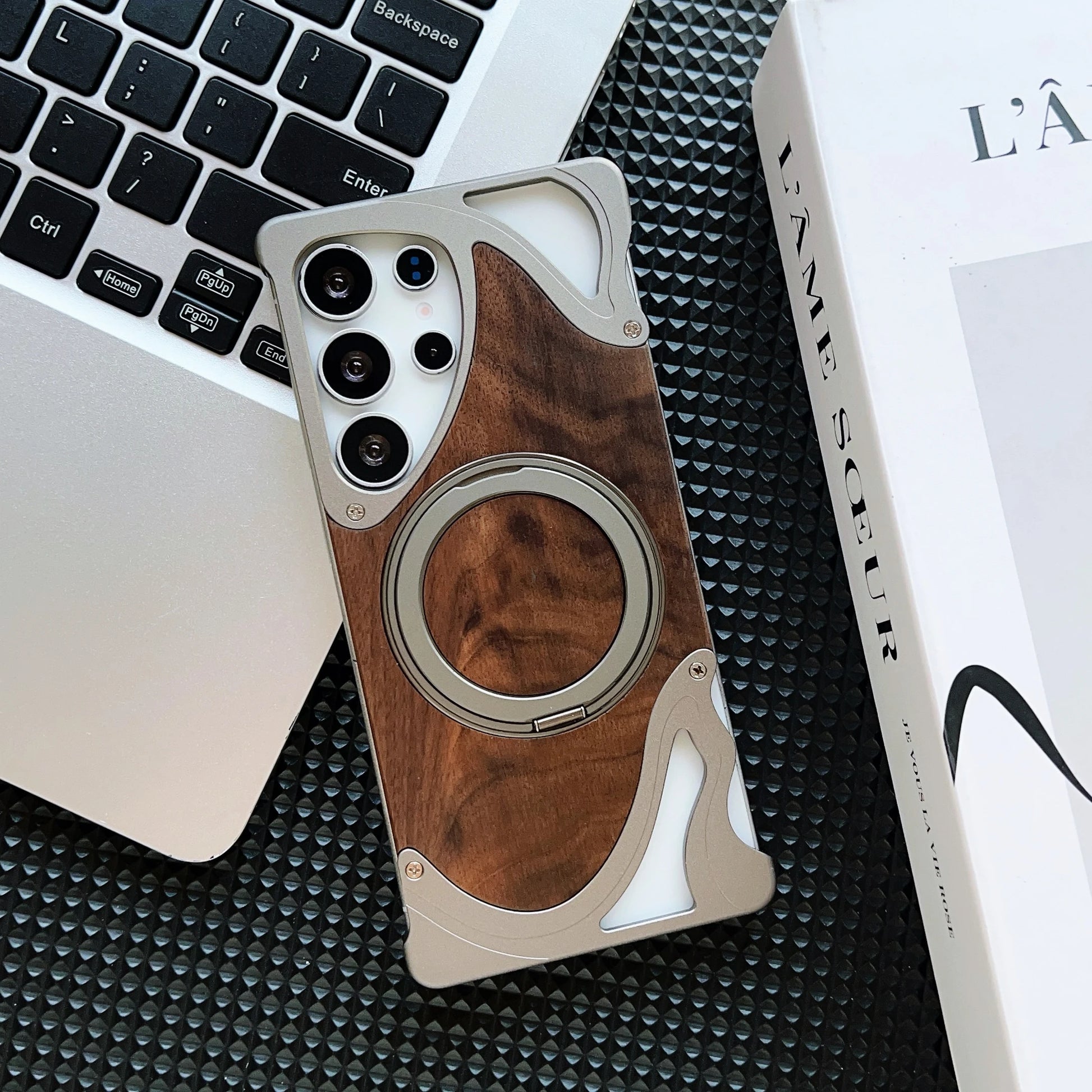 Walnut Wood Metal Case with 360 Degree Rotating Magnetic Holder for Samsung - Sky-cover