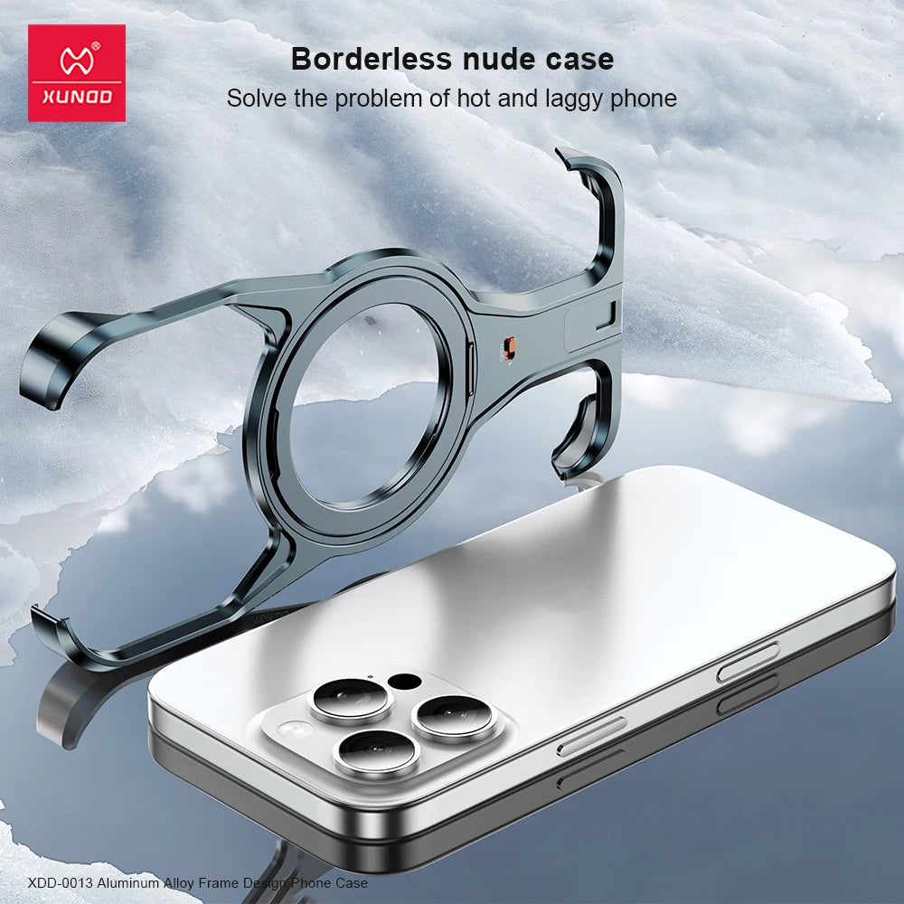 Xundd For iPhone 16 Pro 16 15 Pro Max Aluminum Alloy Protective Frame with 360° Rotatable Magnetic Stand For Wireless Charging - Sky-cover