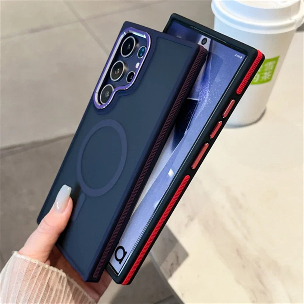 Phone case with a blue and red design held by a hand, with a blurred background.