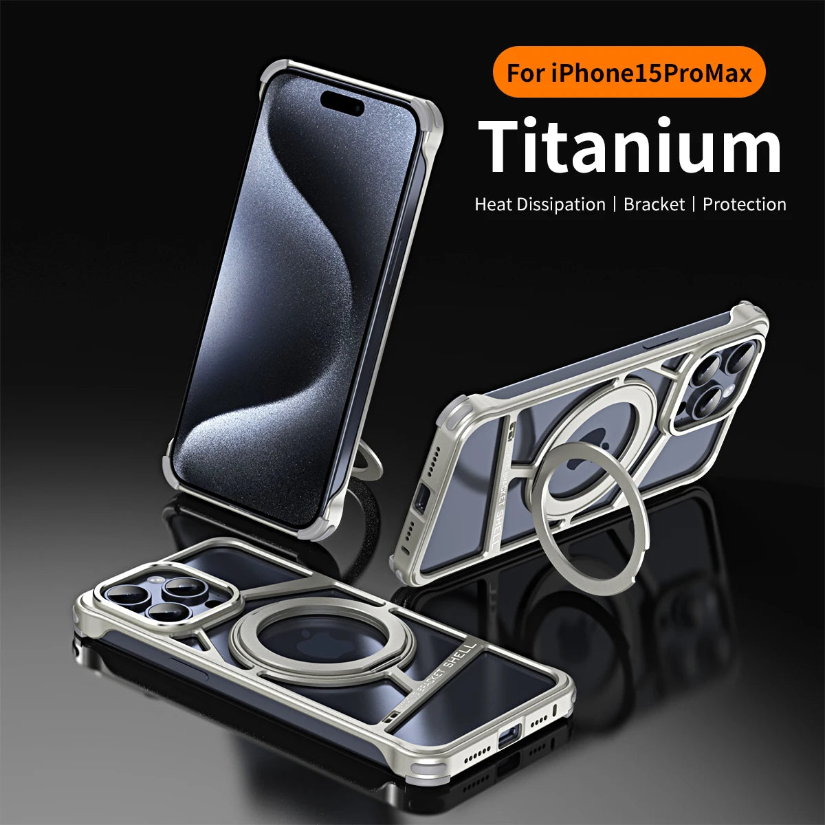 Aluminum Alloy Magnetic Phone Case for iPhone 16 15 14 pro max & 360° Rotating Holder - Titanium / For iPhone 16 Pro Max - Sky-cover