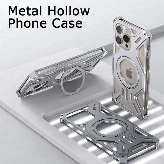 Luxury Metal Hollow Heat-Absorbing Phone Case for iPhone 15 14 13 Pro Max with Aluminum Magnetic Holder - Sky-cover