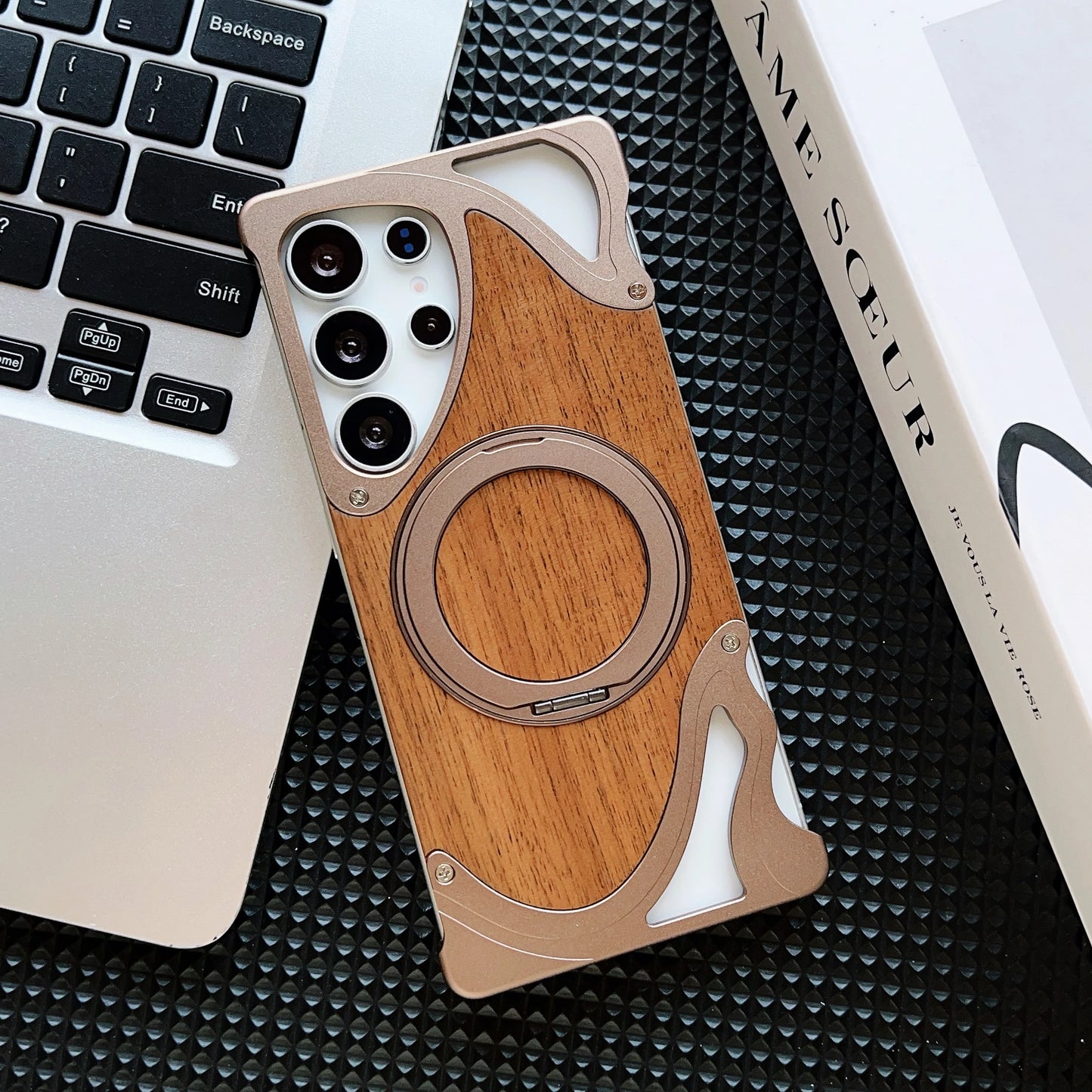 Walnut Wood Metal Case with 360 Degree Rotating Magnetic Holder for Samsung - Sky-cover