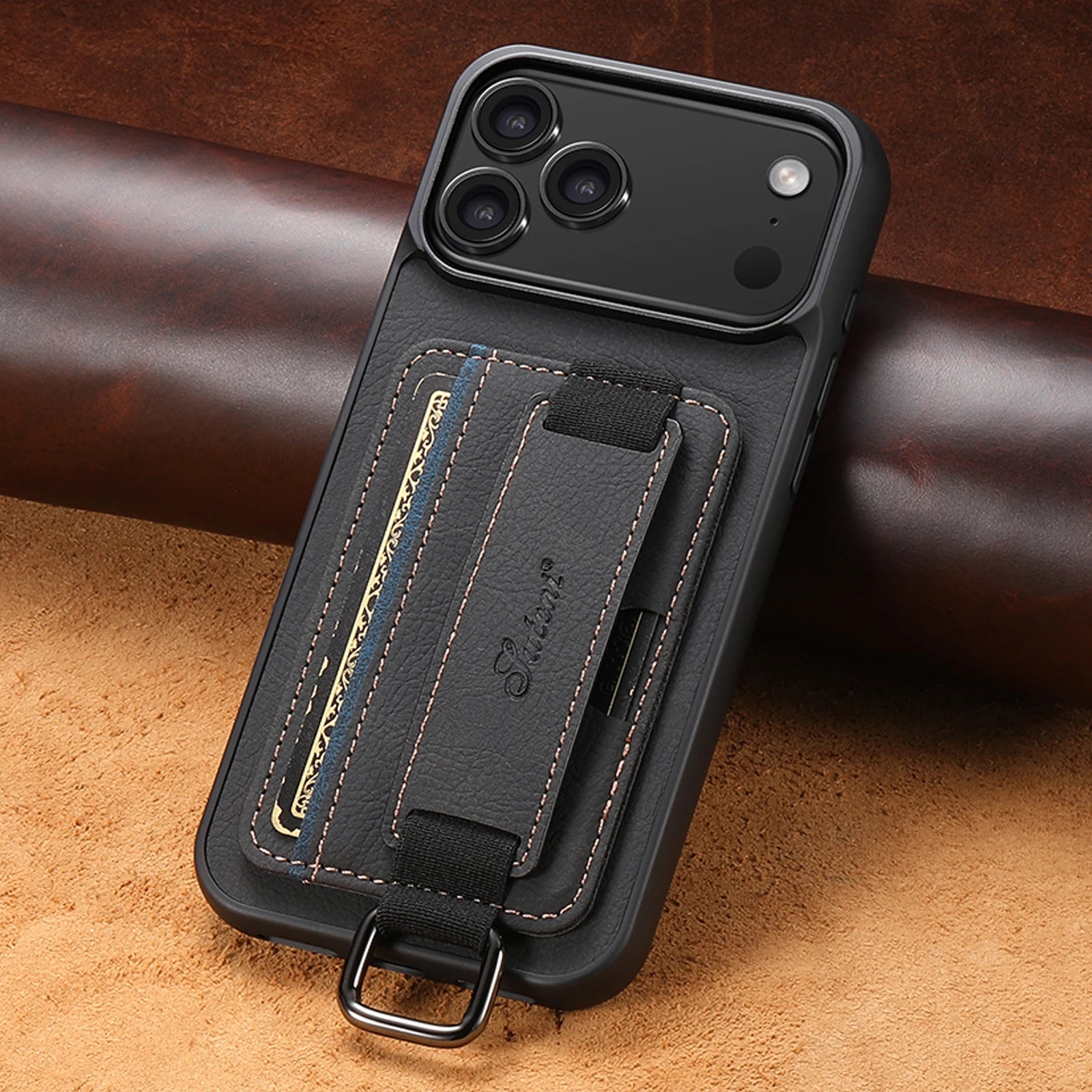 Luxury Leather iPhone Phone Case with Wrist Strap, Ring, Card Holder and Pouch - Sky-cover