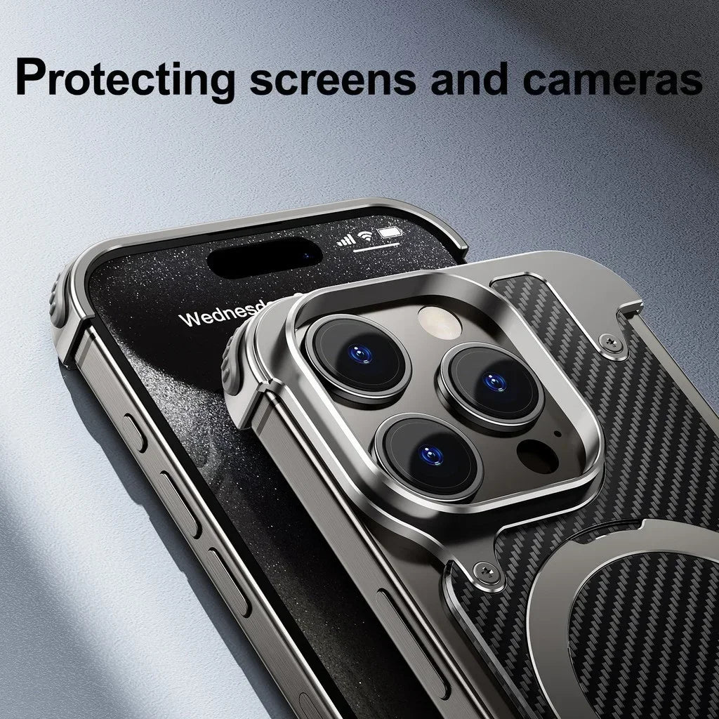 MagSafe Metal Magnetic Phone Holder Case for iPhone 15 14 Pro Max Aluminum Alloy Carbon Fiber Anti-collision - Sky-cover