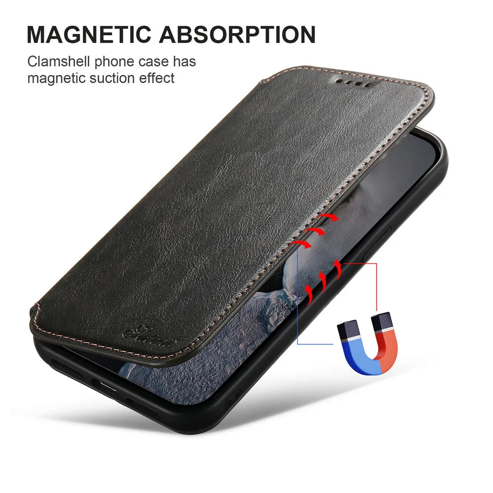 Leather Magnetic Kickstand Case with Card Storage – Dual-Layer Full Coverage for iPhone - Sky-cover