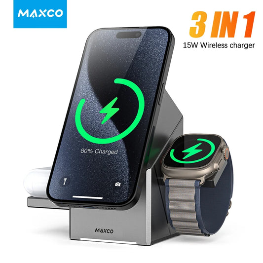 3 in 1 Wireless Charger Stand Magnetic Qi2 15W Fast Charging for iPhone 12 13 14 15 16 Apple Watch 9 8 7 6 5 Airpods 2 3 Pro - Sky-cover