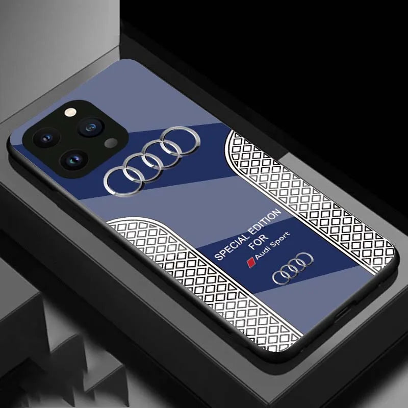Luxury Audi Sports Car Pattern Phone Case Hard Glass Cover for iPhone - Blue / for iphone 15 pro max - sky-cover