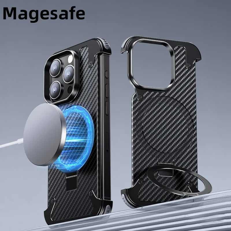 MagSafe Metal Magnetic Phone Holder Case for iPhone 15 14 Pro Max Aluminum Alloy Carbon Fiber Anti-collision - Sky-cover