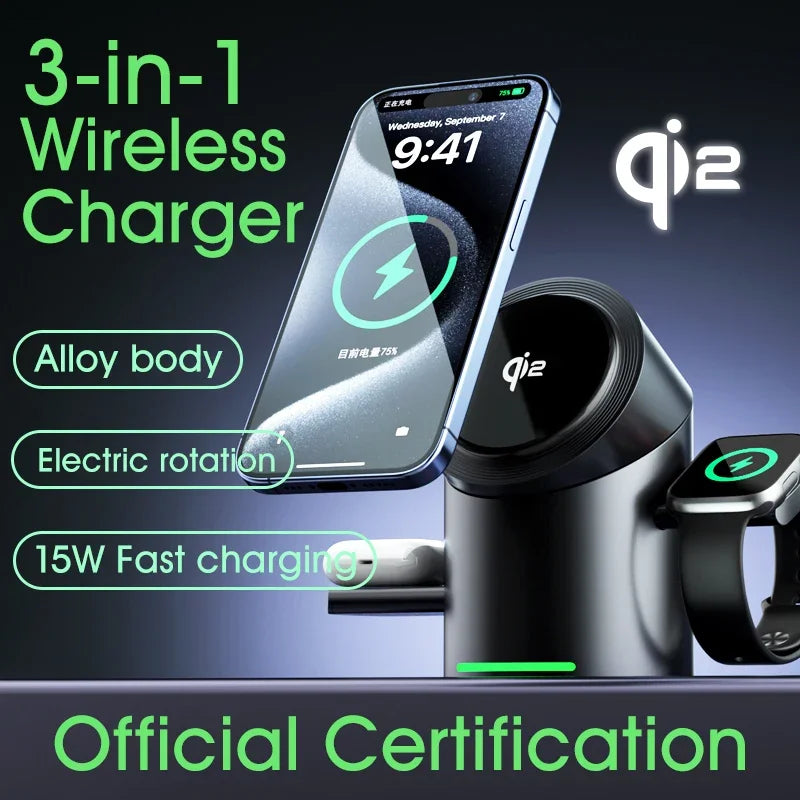 Touch Rotate Qi2 Magnetic 3-in-1 Wireless Charger 15W Fast Charging Station for iPhone 13 14 15 16 Series Apple Watch AirPods - Sky-cover