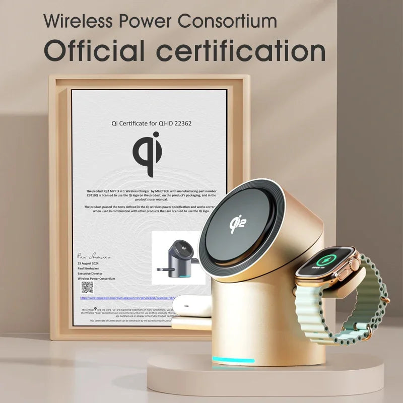 Touch Rotate Qi2 Magnetic 3-in-1 Wireless Charger 15W Fast Charging Station for iPhone 13 14 15 16 Series Apple Watch AirPods - Sky-cover