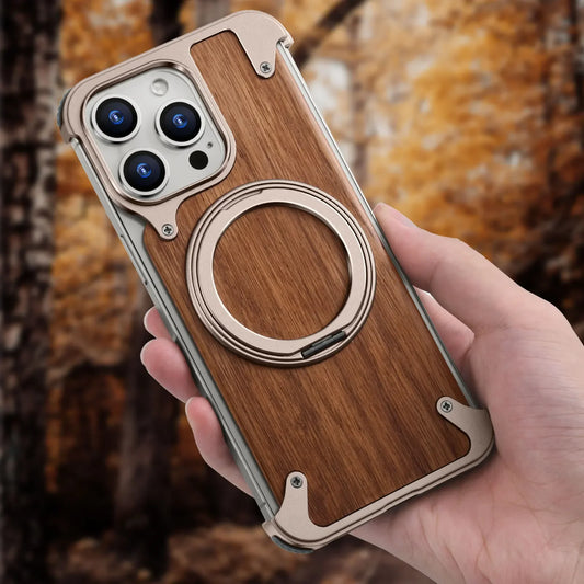 MagSafe Magnetic Phone Case for iPhone 16 15 14 Pro Max, Shockproof Protective Wooden Cover with 360 Degree Rotating Ring Holder