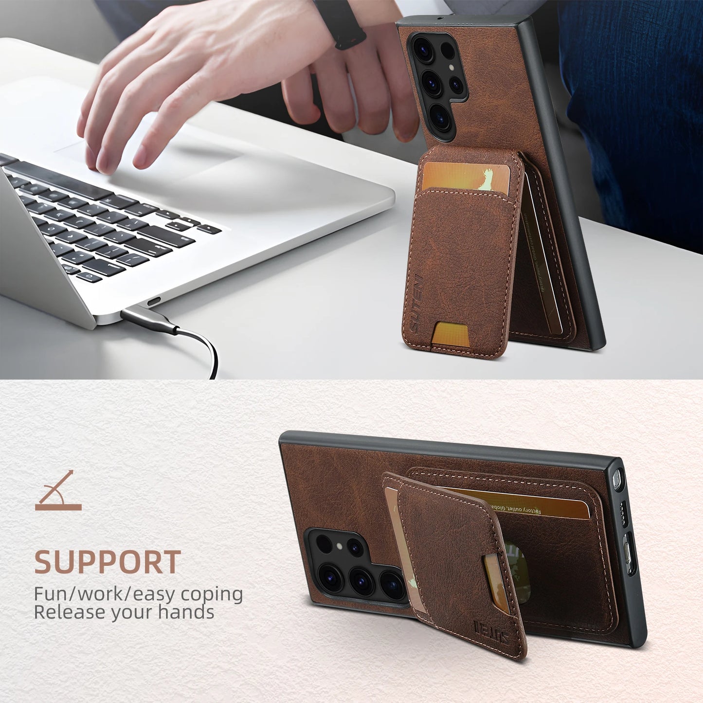 SUTENI Leather Wallet Card Holder Phone Cases For Samsung Galaxy S24 S23 Ultra S22 Plus Note20 - Sky-cover