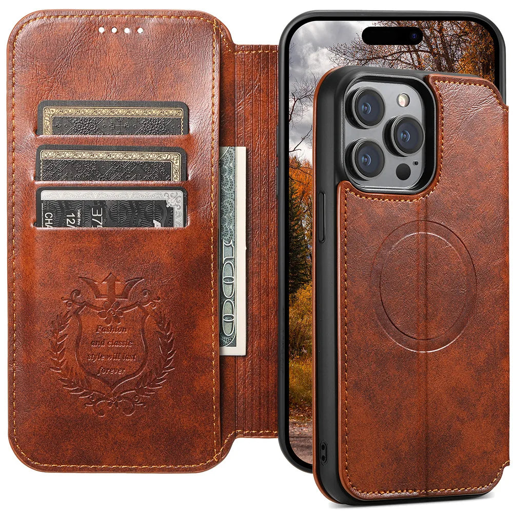 Leather Magnetic Kickstand Case with Card Storage – Dual-Layer Full Coverage for iPhone - Sky-cover