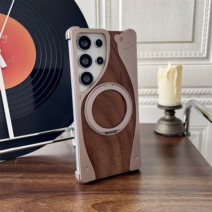 luxury Walnut metal case with 360-degree rotating magnetic stand - Sky-cover