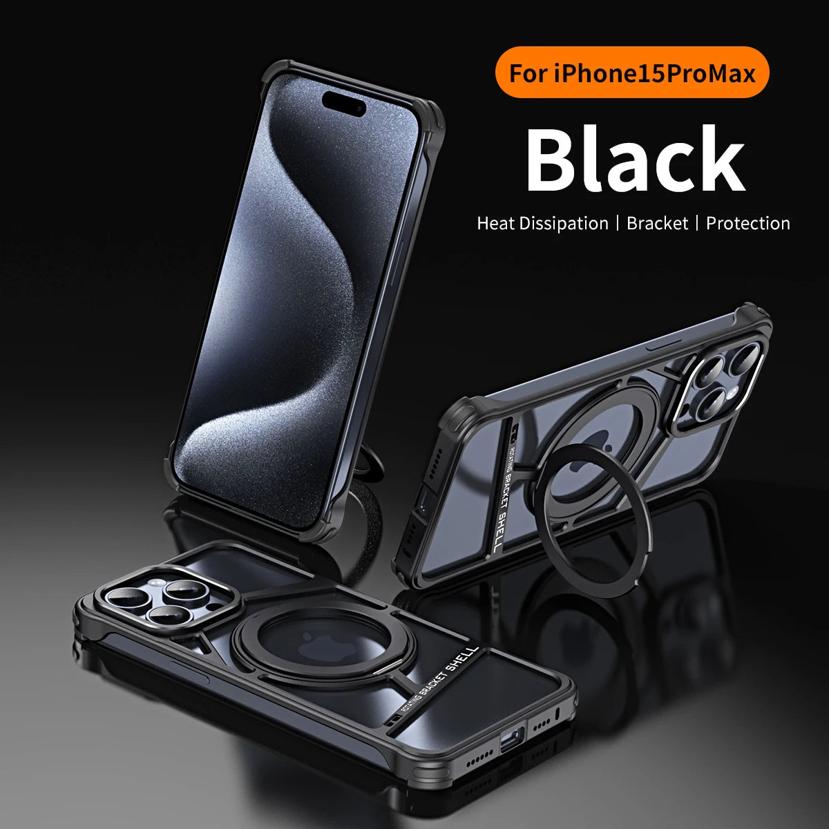 Aluminum Alloy Magnetic Phone Case for iPhone 16 15 14 pro max & 360° Rotating Holder - Black / For iPhone 16 Pro Max - Sky-cover