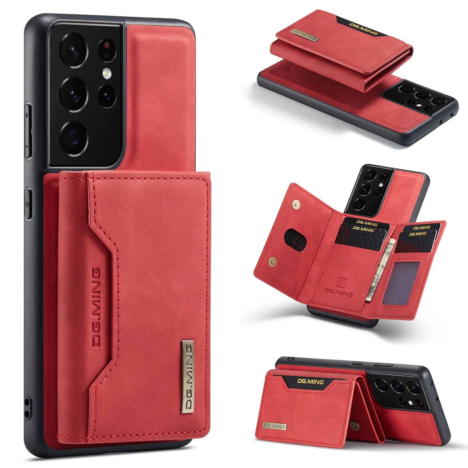 Luxury Magnetic Leather Case for Samsung Galaxy Phone Card Holder Wallet Cover - Red with card bag / For Galaxy S24 Ultra - Sky-cover