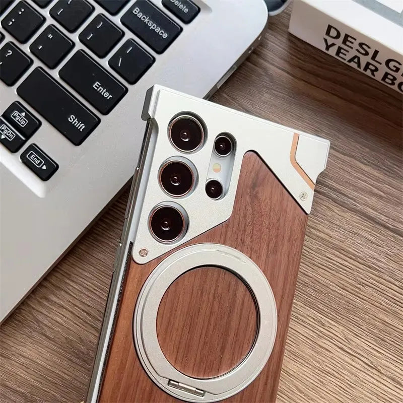 luxury Walnut metal case with 360-degree rotating magnetic stand - Sky-cover