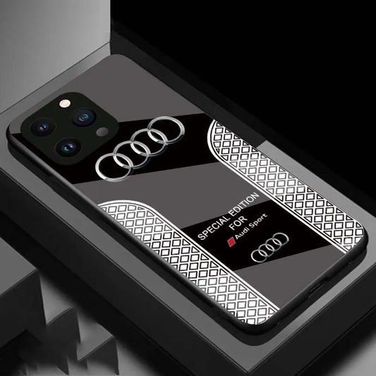 Luxury Audi Sports Car Pattern Phone Case Glass Hard Shell for iPhone 15 14 13 12 11 Pro Max 12 Mini Protection Back Cover - skycover / for iphone 15 pro max 