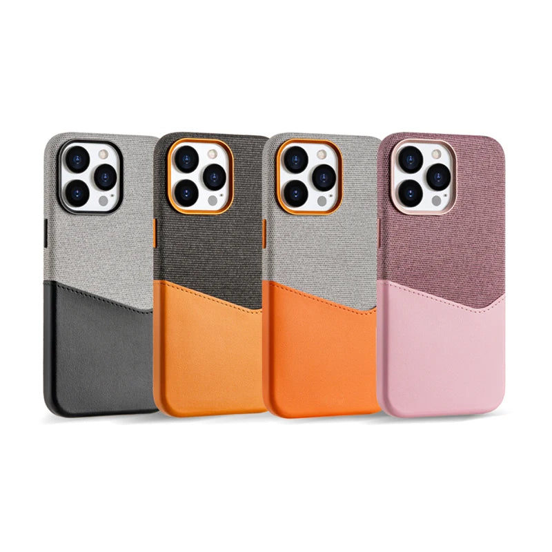 Leather Case with MagSafe Card Holder for iPhone 16 15 14 13 12 Pro Max with Wireless Charger Lens Metal Alloy Cover Color Block - Sky-cover