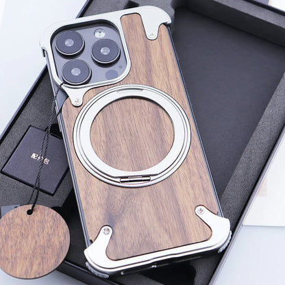 Luxury Magnetic Magsafe Phone Case for IPhone 15 14 13 Pro Max Walnut Wood Metal Case 360°Rotating Ring Stand Framework - sliver / For iPhone 15 Pro Max - Sky-cover