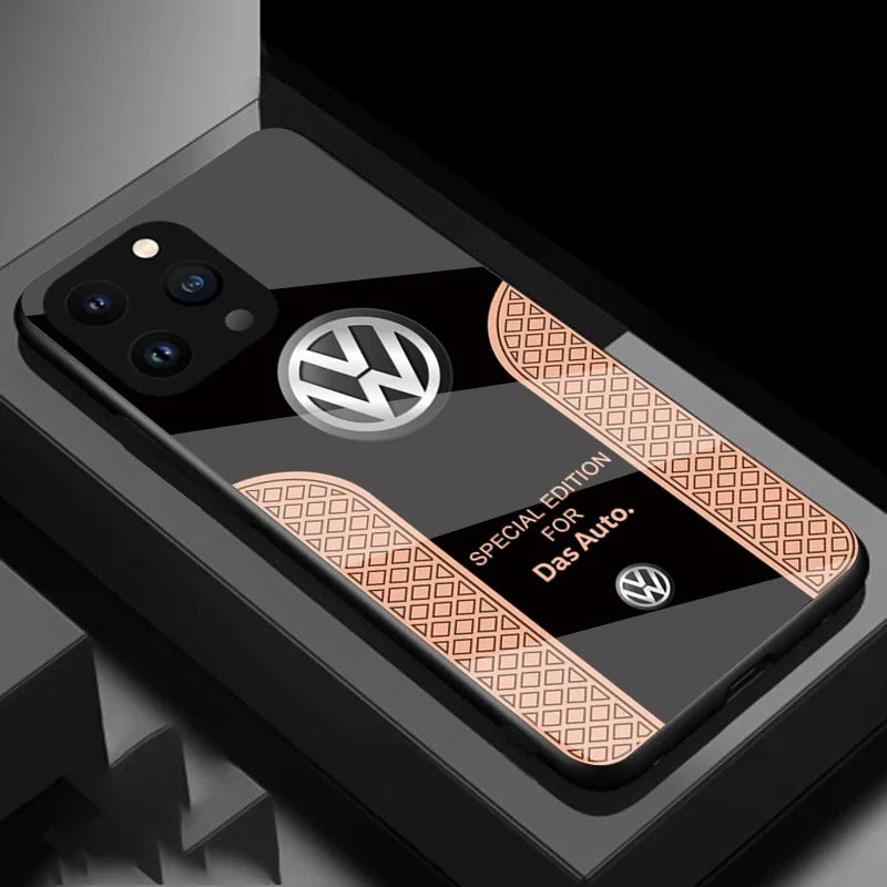VW Luxury carbon fiber phone case for iPhone 15 Pro Max with glass cover - Pink Black / for iphone 15 pro max - sky-cover