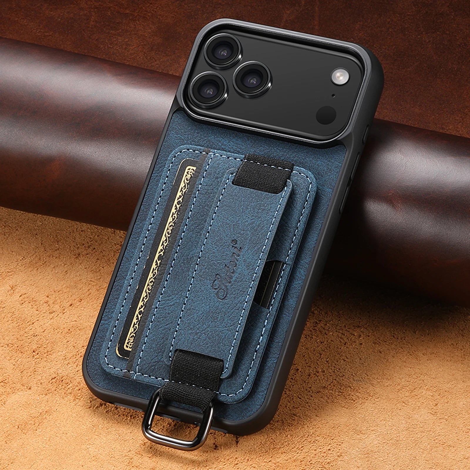 Luxury Leather iPhone Phone Case with Wrist Strap, Ring, Card Holder and Pouch - Sky-cover
