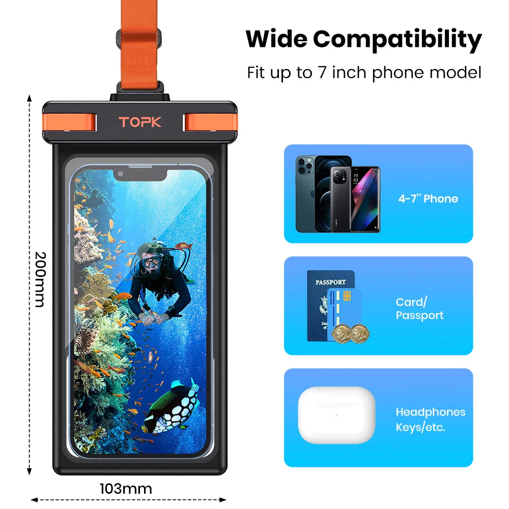 Waterproof Phone Pouch,[Underwater Screen Touchable] IPX8 Waterproof Phone Case Compatible for Mobile Phone Up to 7.0 inch - Sky-cover