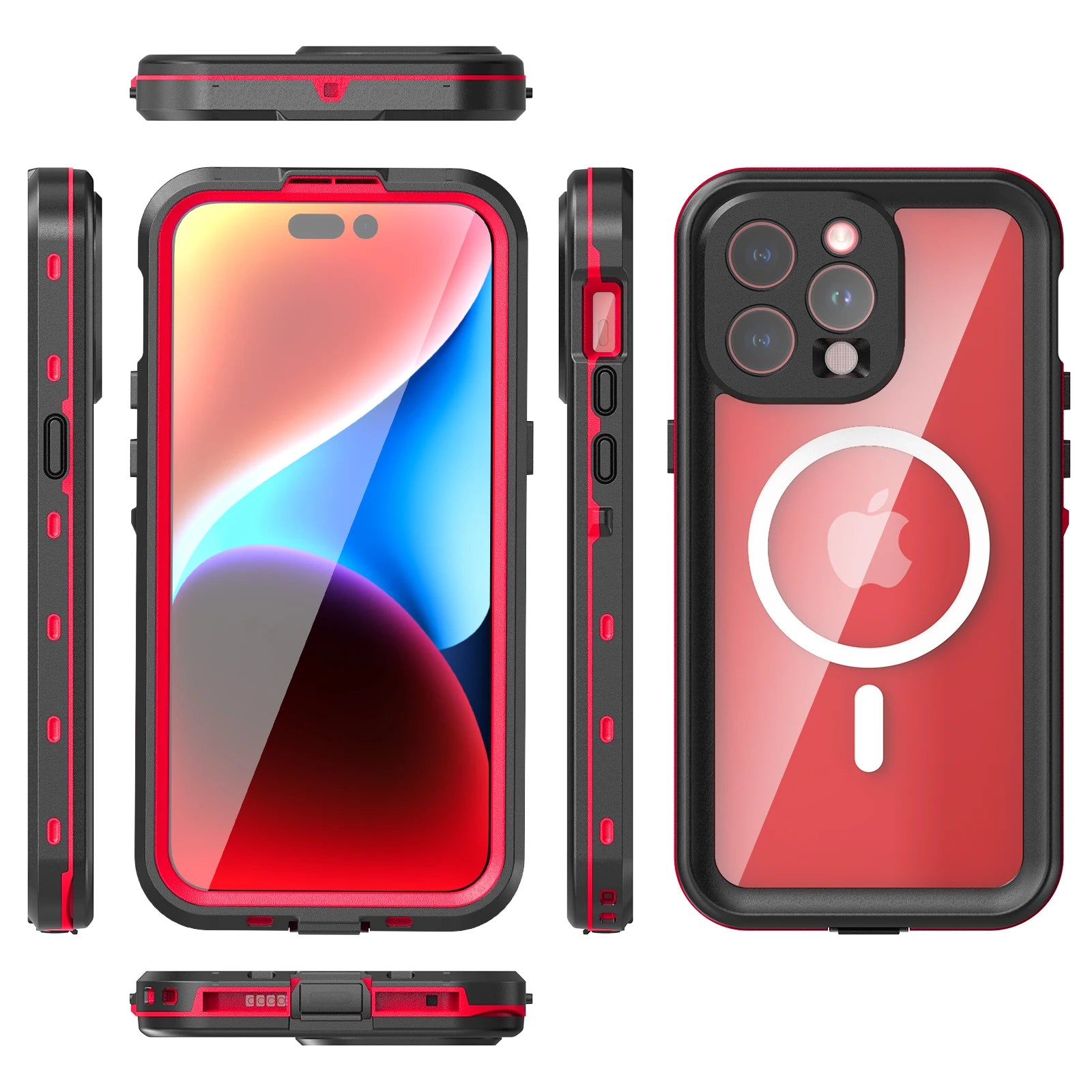 Professional IP68 Waterproof Shockproof Dustproof Phone Case 360 Degree Full Coverage for iPhone 15 14 13 pro max - Red / For iPhone 15 Pro Max / Case & Strap - Sky-cover